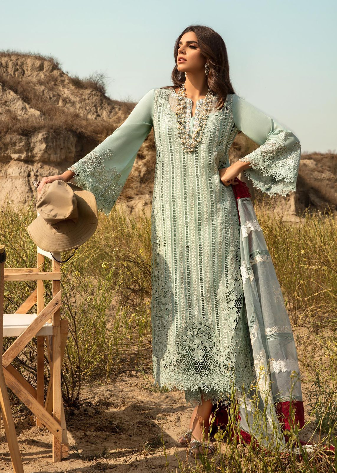 Mint Green Embroidered Lawn Suit with Red Dupatta