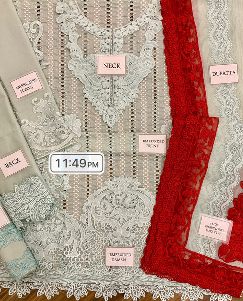 Mint Green Embroidered Lawn Suit with Red Dupatta