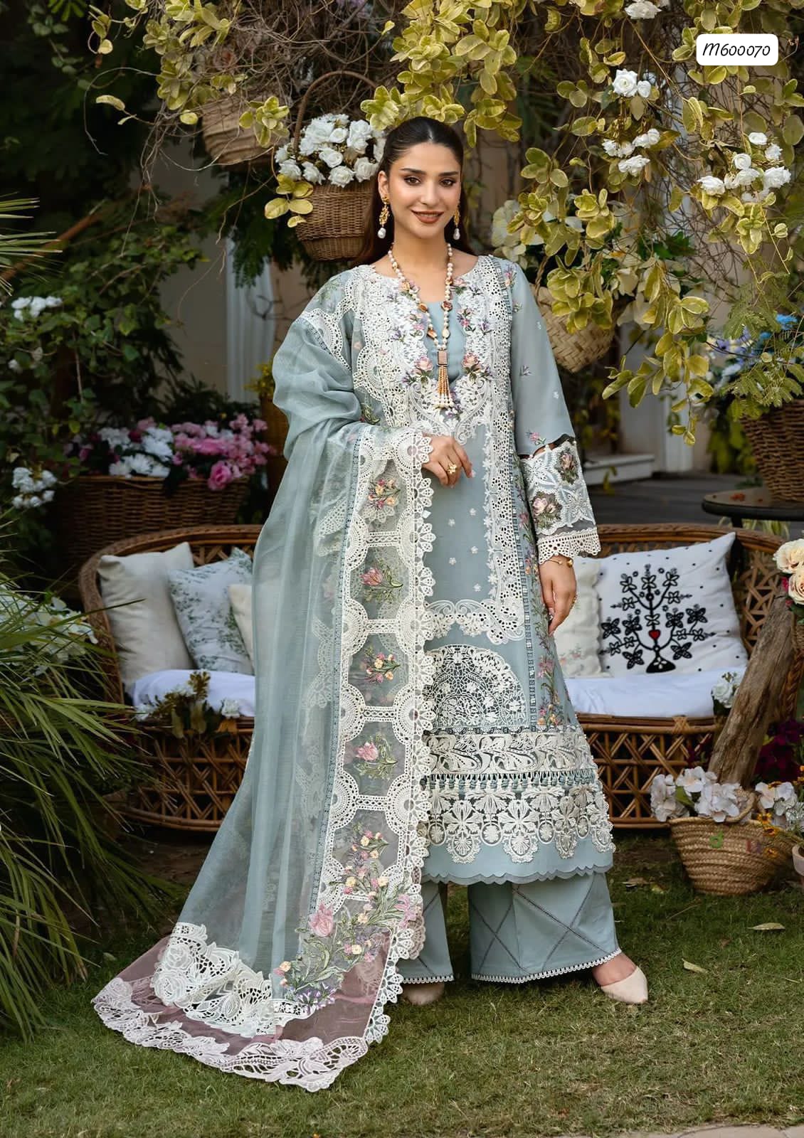 M600070 Ice Blue Chickenkari 3-Piece Unstitched Suit