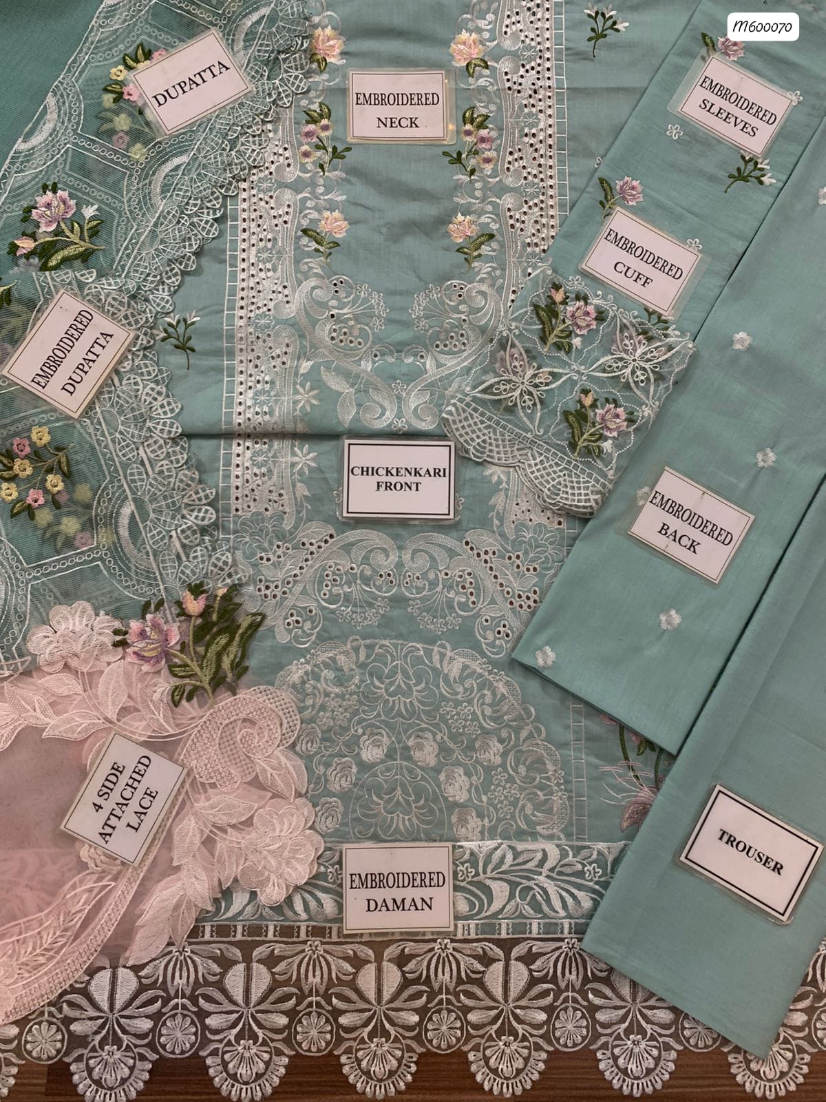 M600070 Ice Blue Chickenkari 3-Piece Unstitched Suit