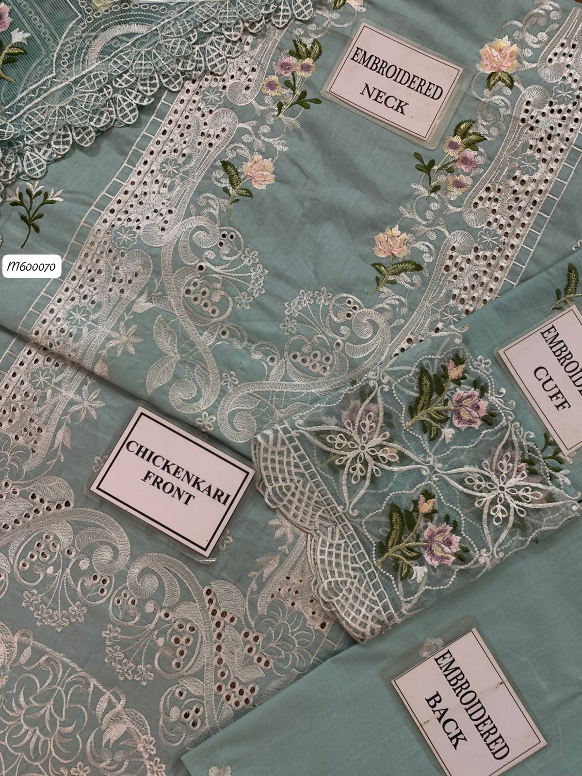 M600070 Ice Blue Chickenkari 3-Piece Unstitched Suit